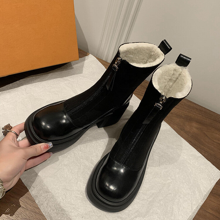 Karin Luna Basic Bestseller Timeless Thick Fur Lined Round Toe Thick Sole Cowhide Snow Boots