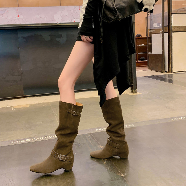 Karin Luna Data Model Belt Buckle Matte Square Toe Hidden Wedge Slouch Western Boots