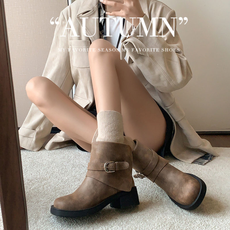 Karin Luna In Stock Spot Goods Versatile Basic Round Toe Belt Buckle Thick Sole Tube Boots
