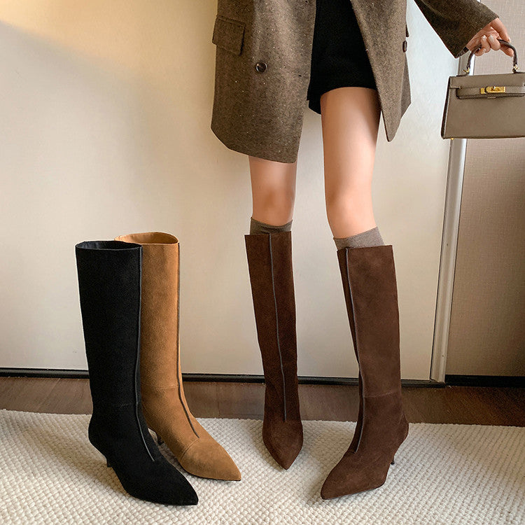 Karin Luna In Stock Spot Goods Retro Cowhide Pointed Toe Stiletto Elegant Long Boots
