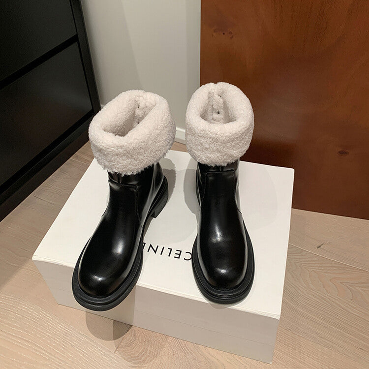 Karin Luna Classic Basic Style   Convertible Foldable Hidden Buckle Snow Fur Shoes Full cowhide Basic Flat Short Boots