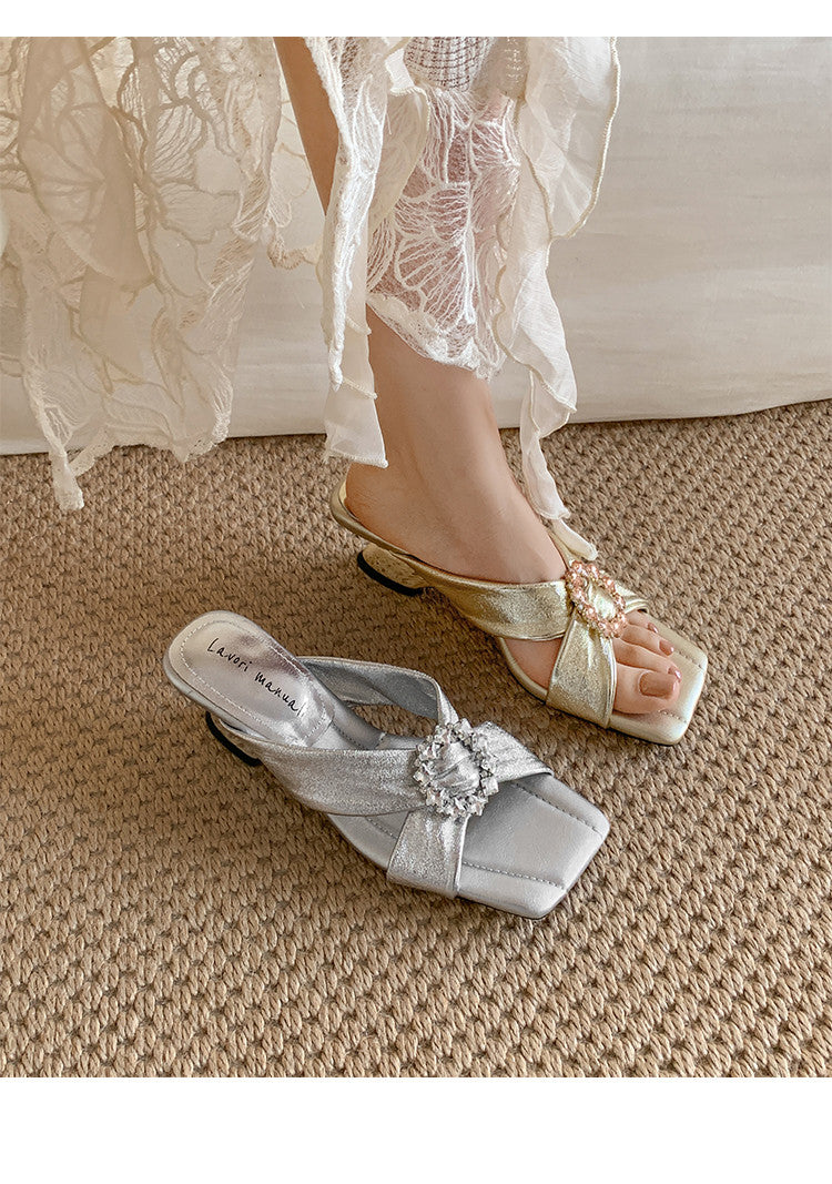 Karin Luna In Stock In Stock Elegant Square-Toe Cross-Strap Rhinestone Square-Toe Slippers