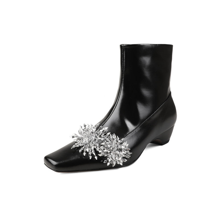 Karin Luna Elegant Style Square Toe Flower Design Height Increasing Short Boots with Two Front and Back Options