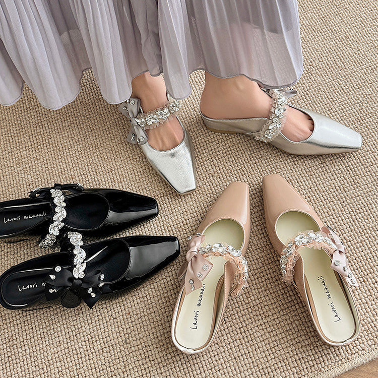 Karin Luna Handmade One-Strap Rhinestone Ribbon Square-Toe Mules