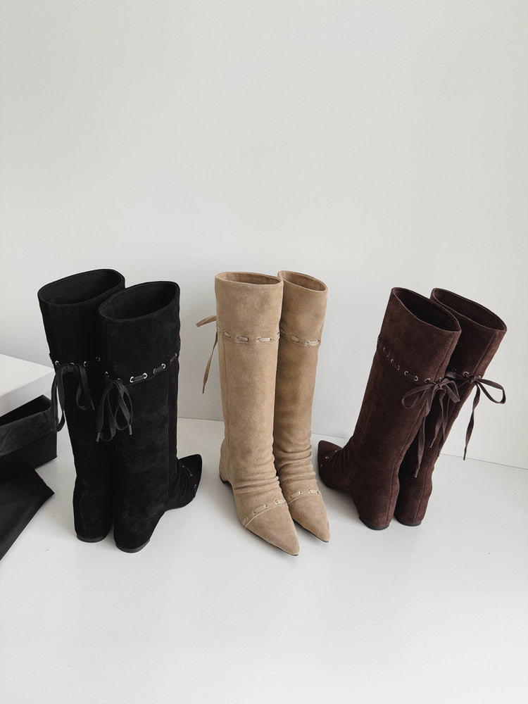 Karin Luna Elegant Style  Pointed Toe Pleated Hidden Wedge Western Boots