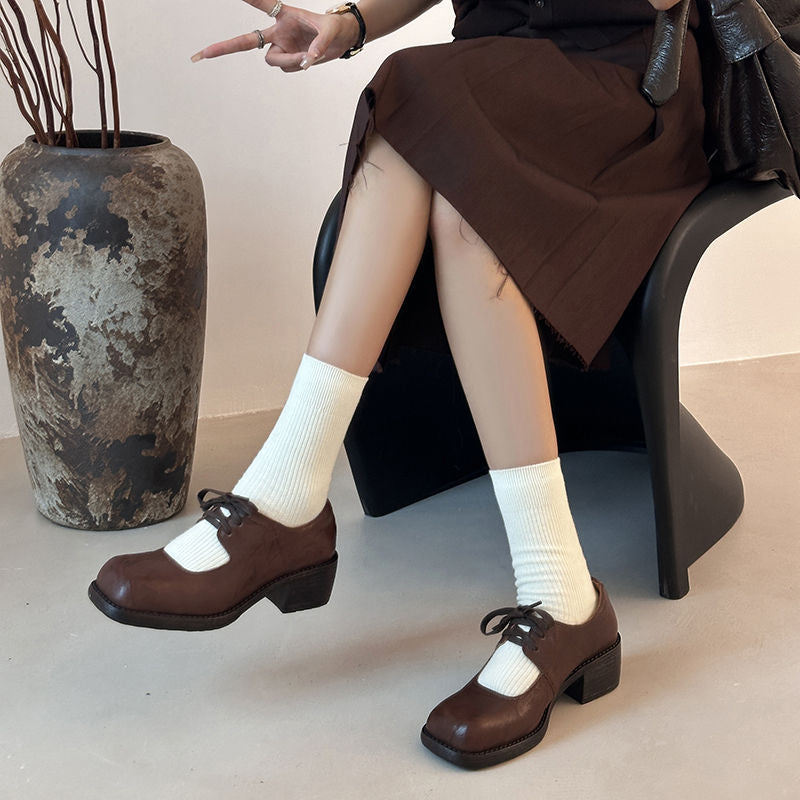 Karin Luna In Stock Spot Goods   Full leather inside and out Vegetable Tanned Hand-Grabbed Sheepskin Square-Toed Chunky Heel Single Shoes