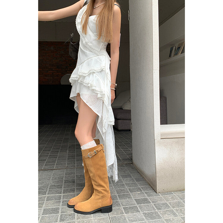 Karin Luna Chunky Heels Round Head Belt Buckle  Fashionable Suede Boots