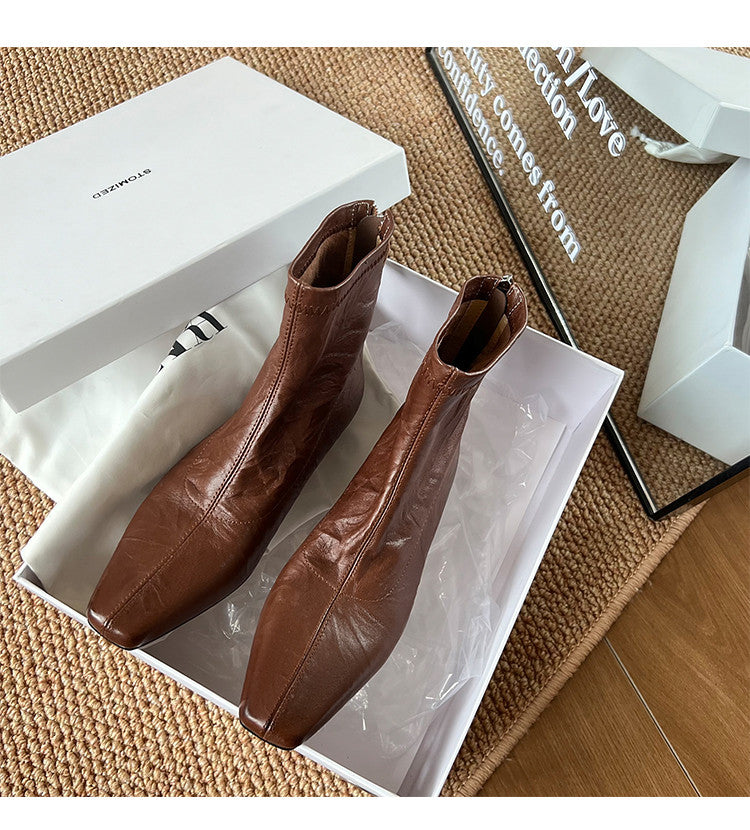 Karin Luna In Stock Spot Goods Slim Series  Hidden Wedge Small Square Toe Back Zipper Short Boots