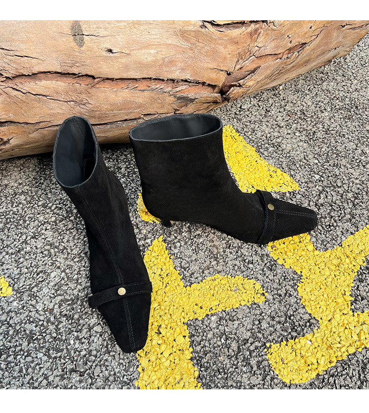 Karin Luna Elegant Style Small Square Toe Belt Buckle Thin Heel Short Boots