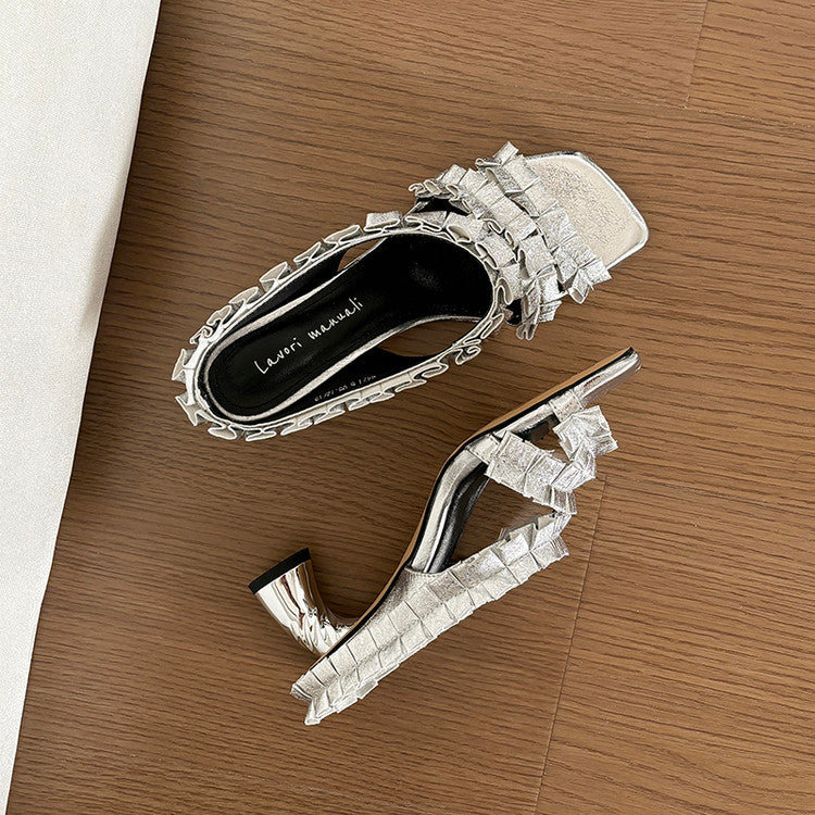 Karin Luna In Stock  Spot Goods  Unique Square-Toe Pleated Lace Sandals