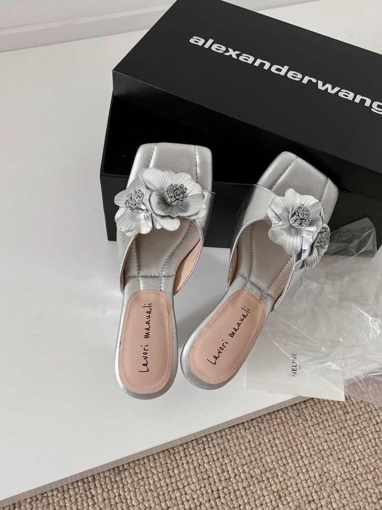 Karin Luna In Stock Spot Goods Camellia Classic style retro square toe shaped heel slippers