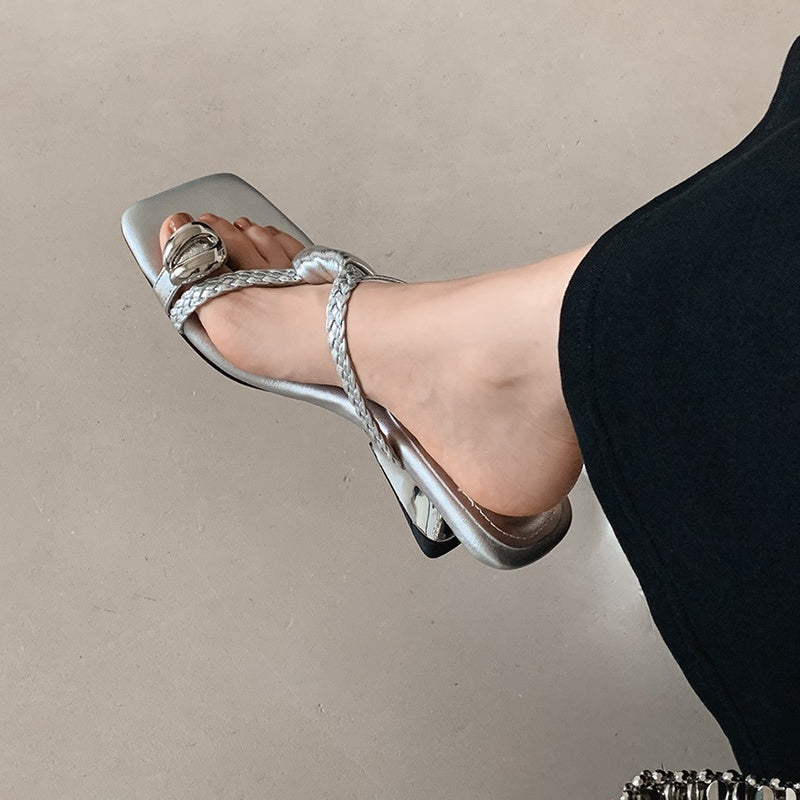 Karin Luna Braided Style ~Cross Strap Square Toe Irregular Heel Slippers