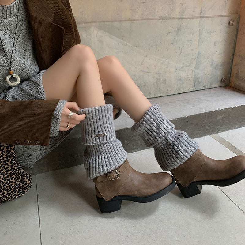 Karin Luna In Stock Spot Goods Versatile Basic Round Toe Belt Buckle Thick Sole Tube Boots
