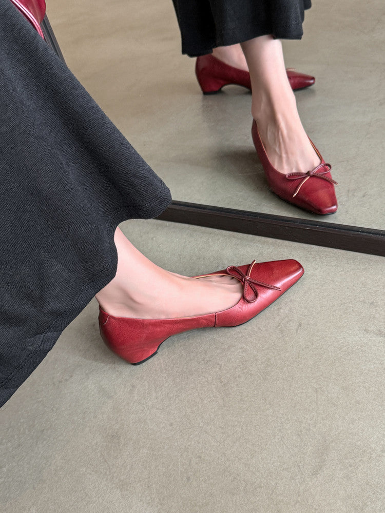 Karin Luna Full Layer Inside and Out~Basic Versatile Small Square Toe Butterfly Knot Irregular Heel Single Shoes