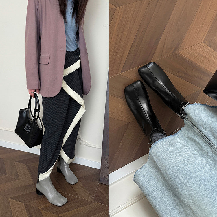Karin Luna French Style Square Toe Chunky Heel Ankle Boots
