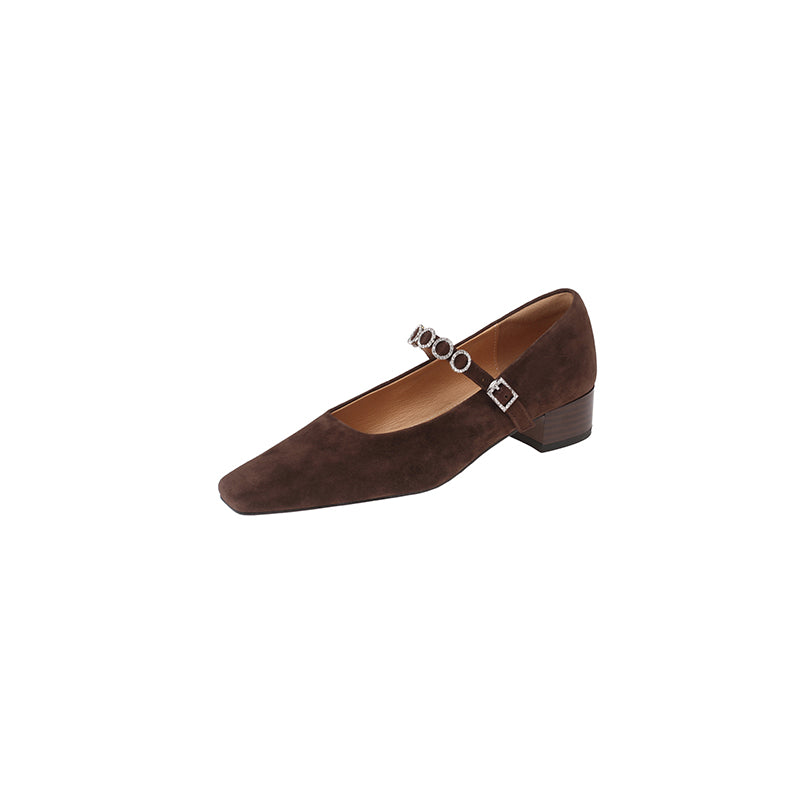 Karin Luna In Stock Spot Goods  Vintage Full Leather Square Toe Rhinestone Strap Shallow Mouth Single Shoes
