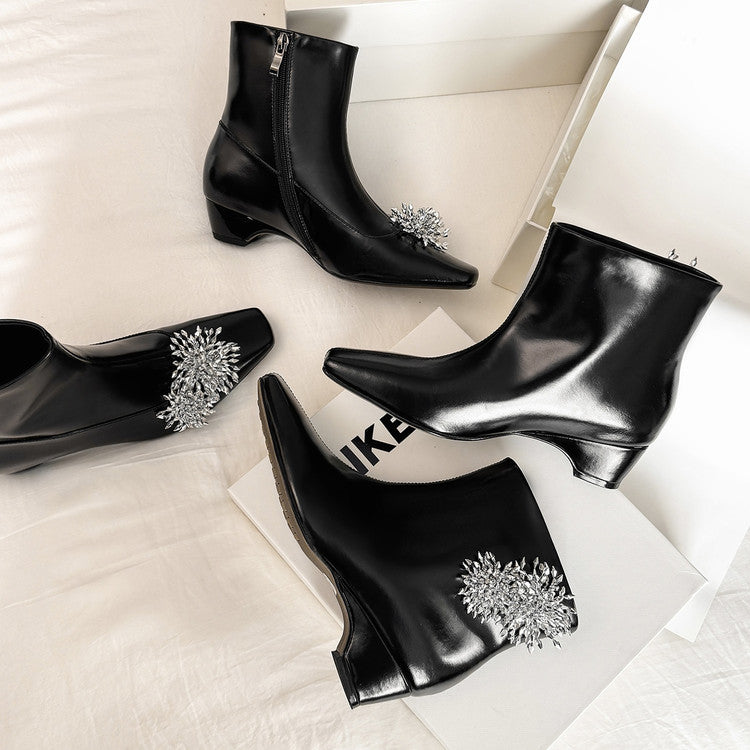 Karin Luna Elegant Style Square Toe Flower Design Height Increasing Short Boots with Two Front and Back Options