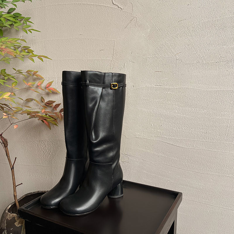 Karin Luna In Stock In Stock Mango Head Large Tube Belt Buckle Chunky Heel Long Boots