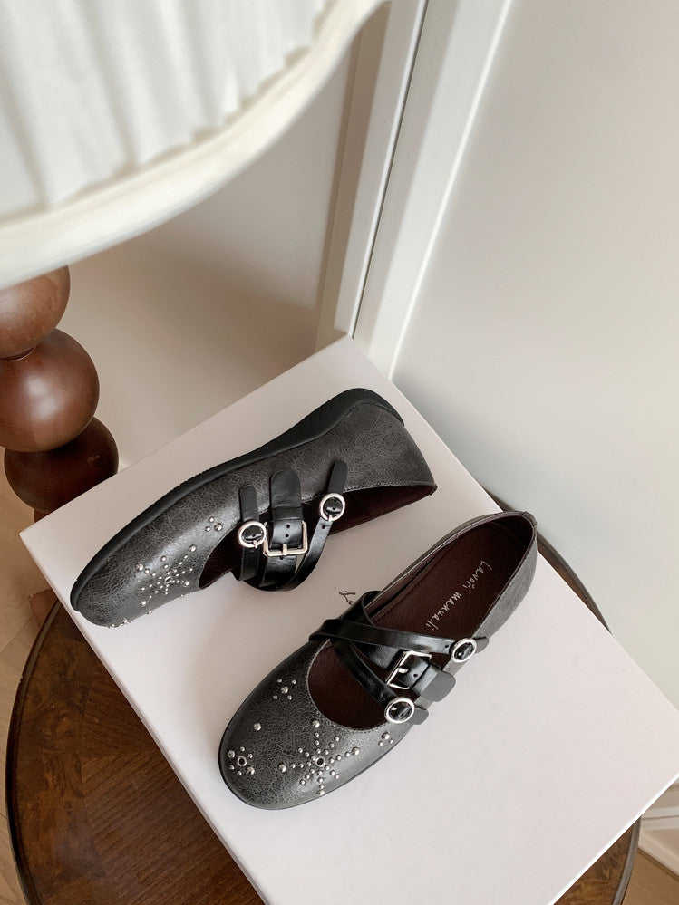 Karin Luna In Stock Spot Goods Studded Rivet Hidden Wedge Mary Jane Shoes