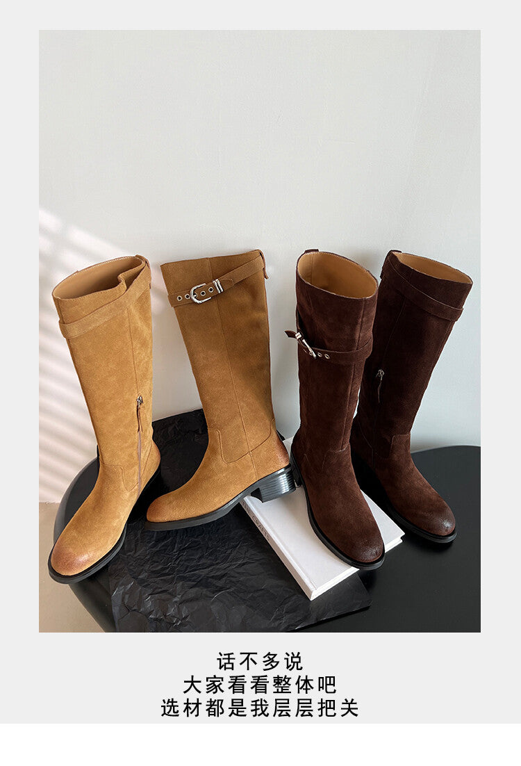 Karin Luna Chunky Heels Round Head Belt Buckle  Fashionable Suede Boots