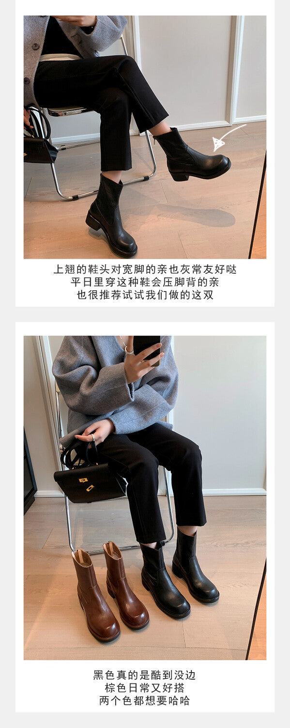 Karin Luna In Stock Spot Goods  Full-grain leather inside and out   Minimalist Texture  Round Toe Flat Bottom Basic Short Boots
