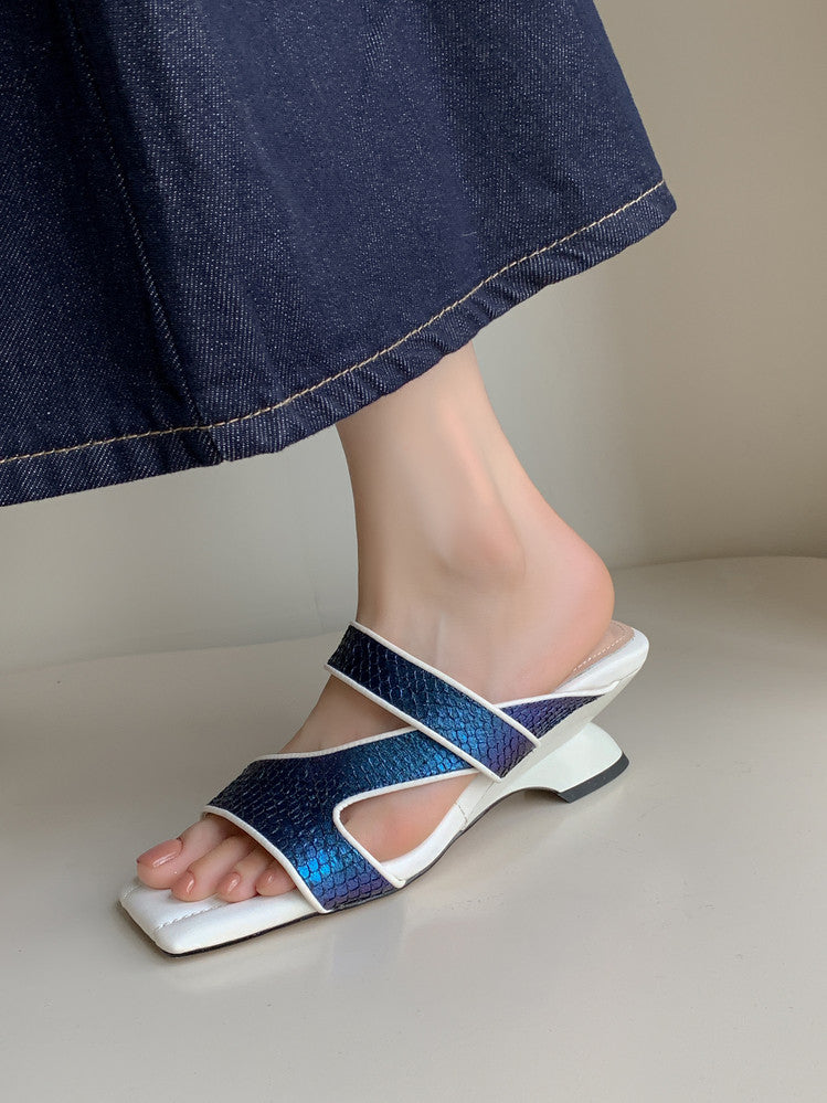 Karin Luna Fish Skin Series~Minimalist Square Toe Popular Irregular Heel Slippers
