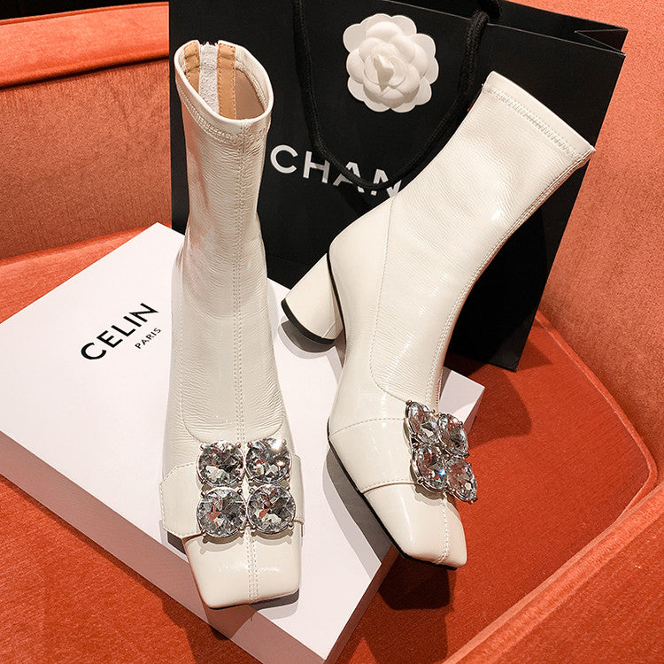 Karin Luna In Stock  Elegant Style Square Toe Rhinestone Chunky Heel Ankle Boots