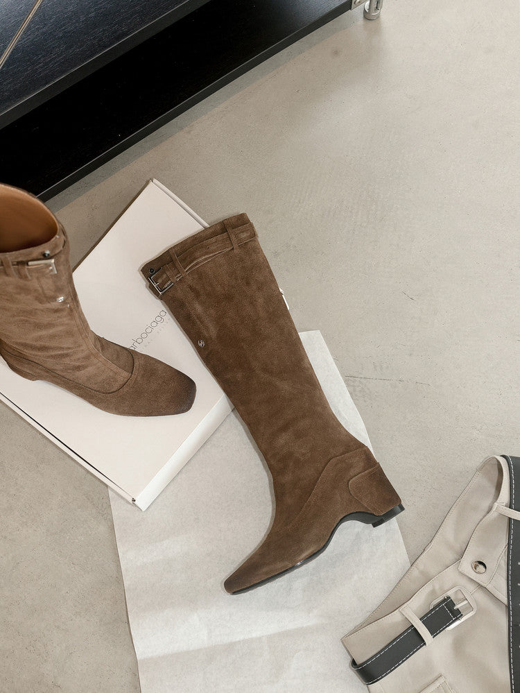 Karin Luna Belt Buckle Elegant Chunky Heel Suede Western Boots