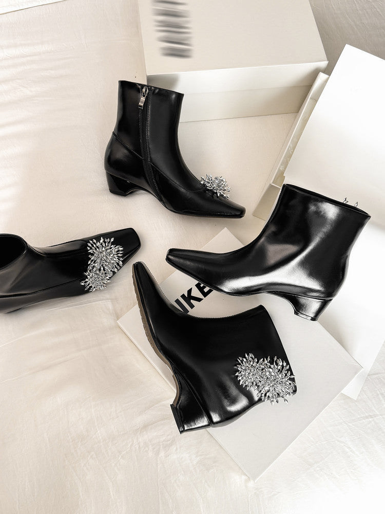 Karin Luna Elegant Style Square Toe Flower Design Height Increasing Short Boots with Two Front and Back Options