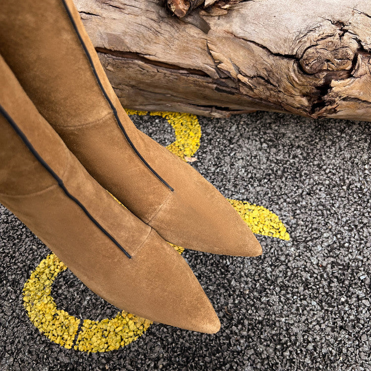 Karin Luna In Stock Spot Goods Retro Cowhide Pointed Toe Stiletto Elegant Long Boots