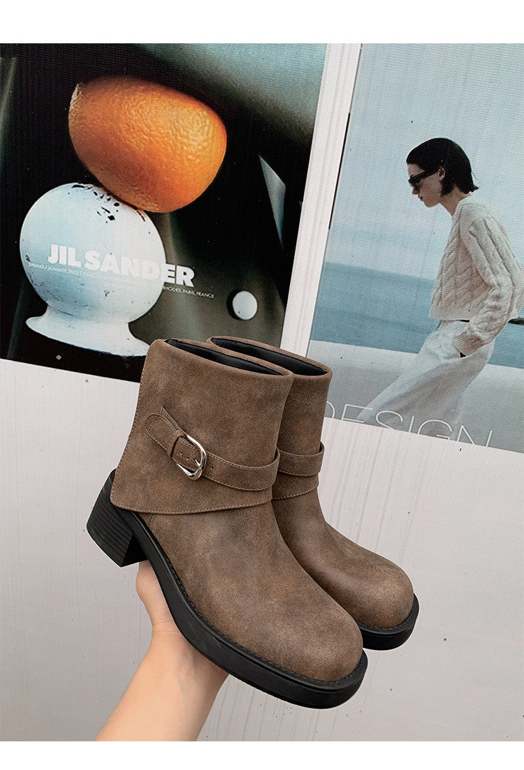 Karin Luna In Stock Spot Goods Versatile Basic Round Toe Belt Buckle Thick Sole Tube Boots