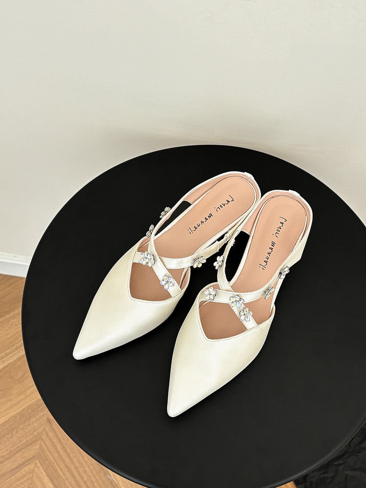 Karin Luna Elegant Pointed Toe Rhinestone Flower High Heel Mules