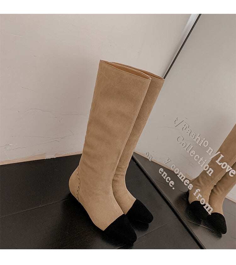 Karin Luna In Stock Spot Goods TikTok Live Hot Item Full Cowhide Leather Pointed Toe Retro Wedge Heel Stacked Boots