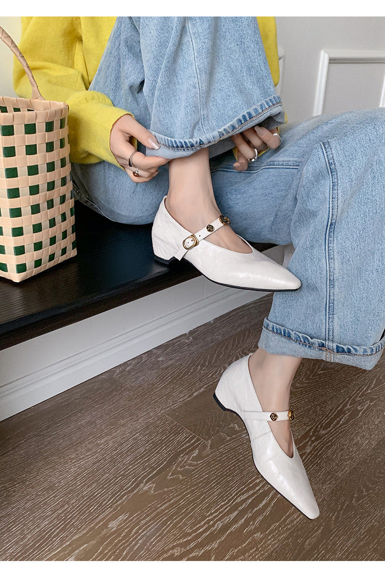 Karin Luna In Stock Spot Goods    Retro Classic Metal Camellia Irregular Heel Single Shoes