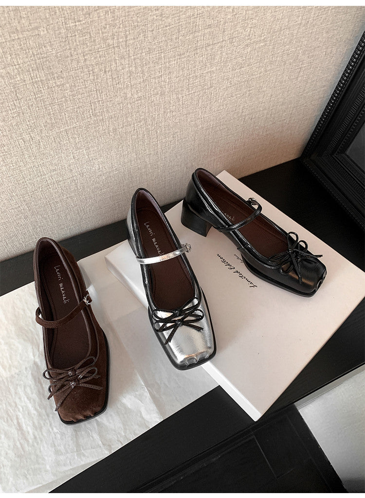 Karin Luna In Stock Spot Goods   One-strap Bowknot Square Toe Chunky Heel Mary Jane Shoes