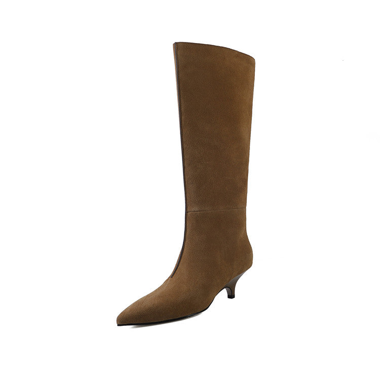 Karin Luna In Stock Spot Goods Retro Cowhide Pointed Toe Stiletto Elegant Long Boots