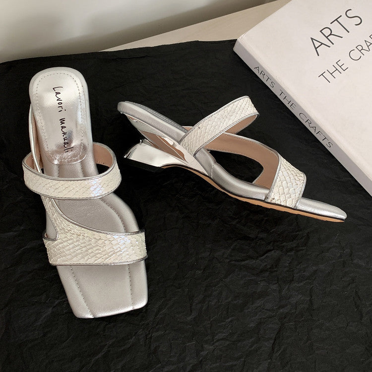 Karin Luna Fish Skin Series~Minimalist Square Toe Popular Irregular Heel Slippers