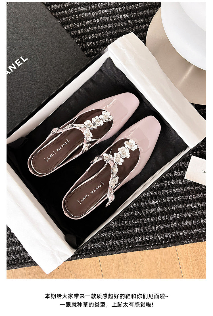 Karin Luna In Stock Spot Goods  T Handmade Sequin Flower Square Toe Height-Increasing Closed-Toe Slippers