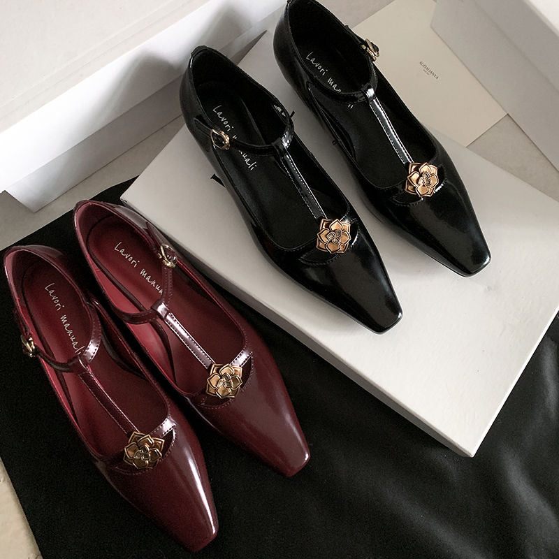 Karin Luna In Stock Spot Goods    Retro Classic Metal Camellia Irregular Heel Single Shoes