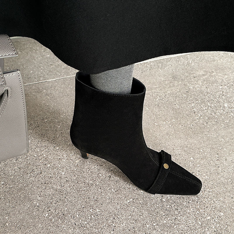 Karin Luna Elegant Style Small Square Toe Belt Buckle Thin Heel Short Boots