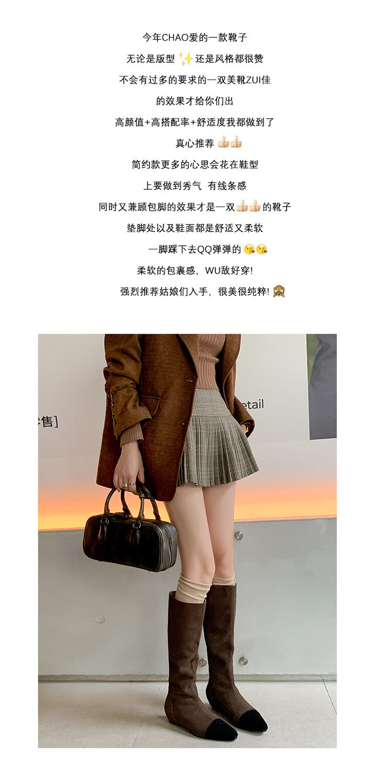 Karin Luna In Stock Spot Goods TikTok Live Hot Item Full Cowhide Leather Pointed Toe Retro Wedge Heel Stacked Boots