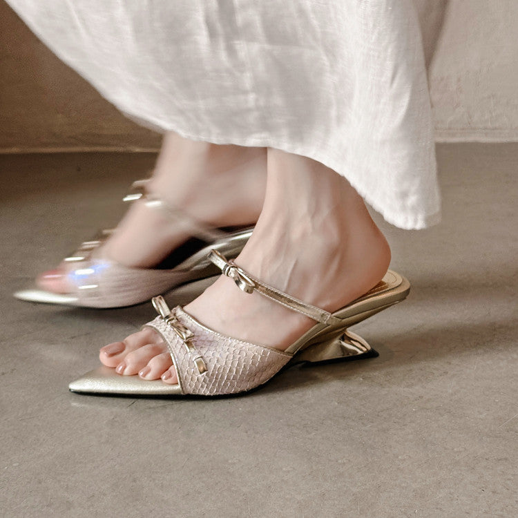 Karin Luna Fish Skin Series~Pointed Toe Irregular Heel Bowknot Strap Slippers