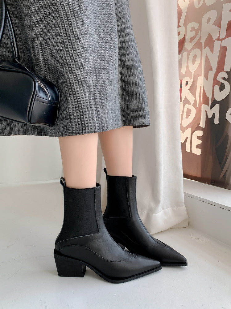 Karin Luna In Stock Spot Goods   Elegant Pointed Toe Chunky Heel Ankle Boots