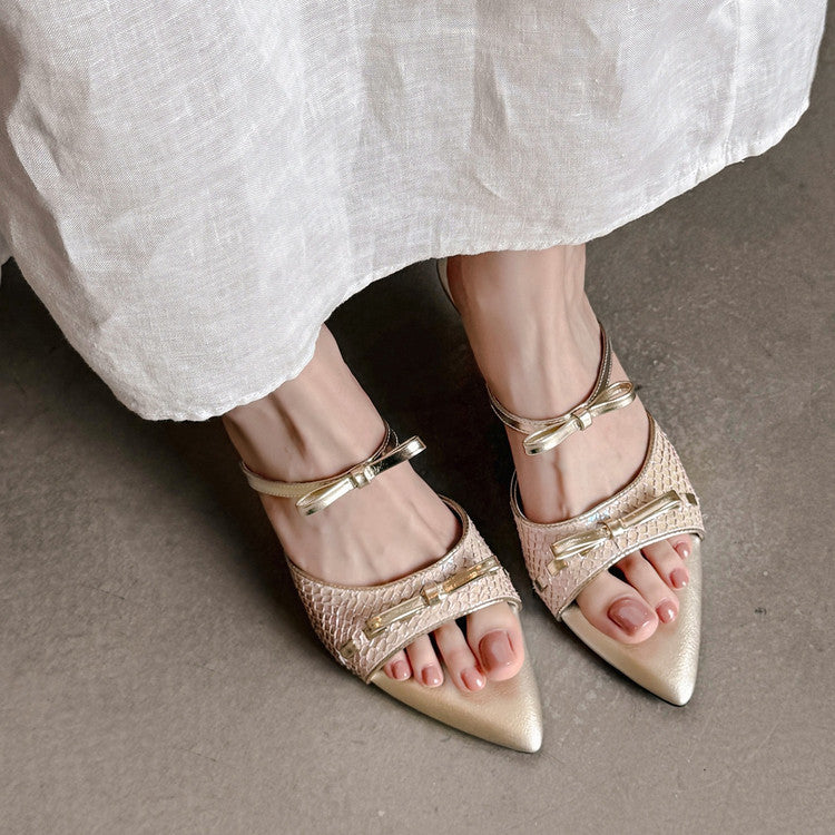 Karin Luna Fish Skin Series~Pointed Toe Irregular Heel Bowknot Strap Slippers
