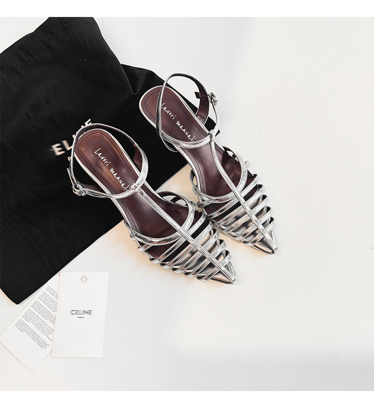 Karin Luna French Hollow Toe Metal Heel Elegant Sandals