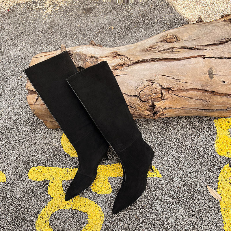 Karin Luna In Stock Spot Goods Retro Cowhide Pointed Toe Stiletto Elegant Long Boots