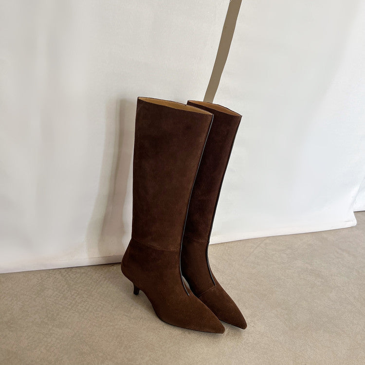 Karin Luna In Stock Spot Goods Retro Cowhide Pointed Toe Stiletto Elegant Long Boots