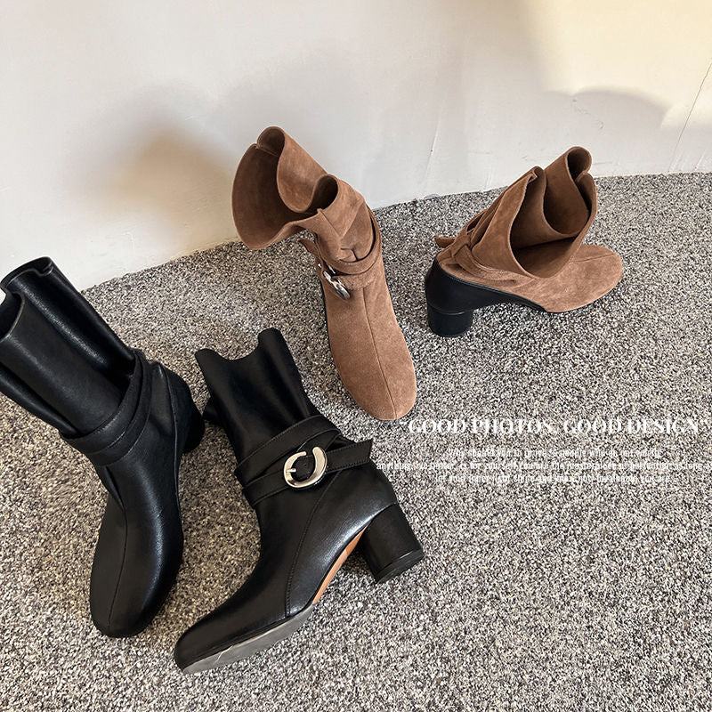 Karin Luna In Stock Spot Goods  Belt Buckle High Heel Large Tube Small Short Boots