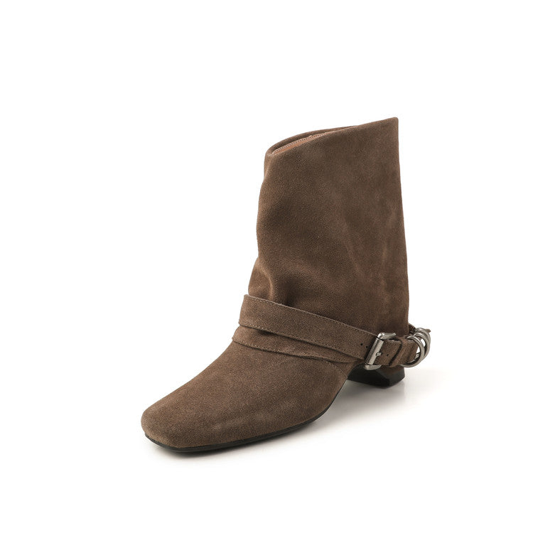 Karin Luna Data Hot Item Square Toe Hidden Wedge Belt Buckle Suede Ankle Boots