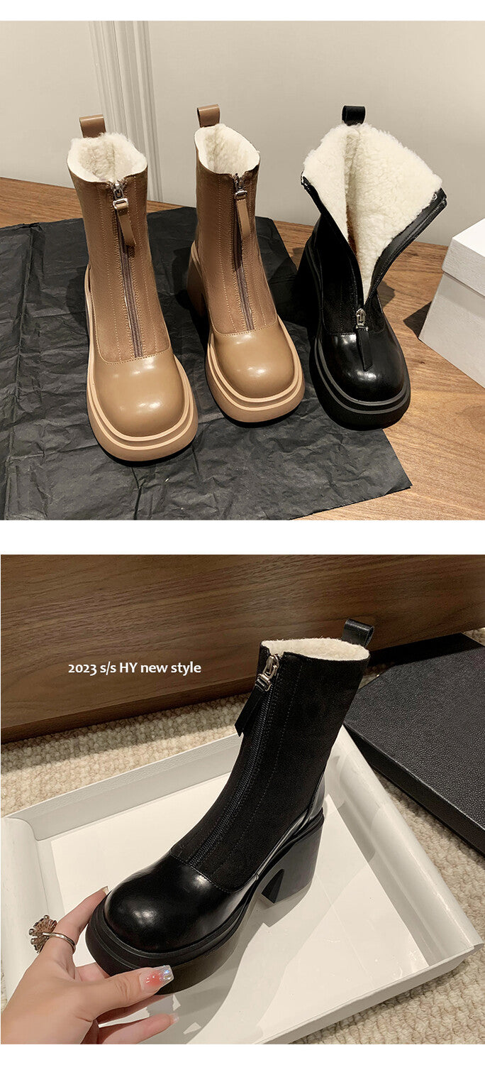 Karin Luna Basic Bestseller Timeless Thick Fur Lined Round Toe Thick Sole Cowhide Snow Boots